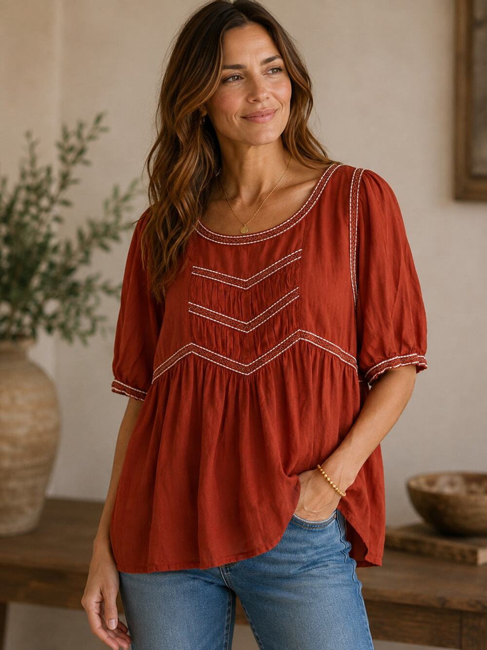 Sundance Women's SZ XL 100% Cotton Embroidered Peasant Blouse In Rust/Red BOHO